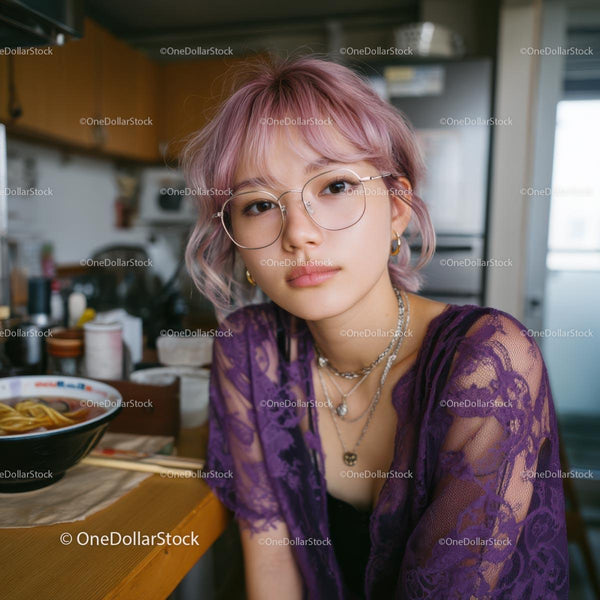 Trendy Woman in Purple Lace with Glasses at Home