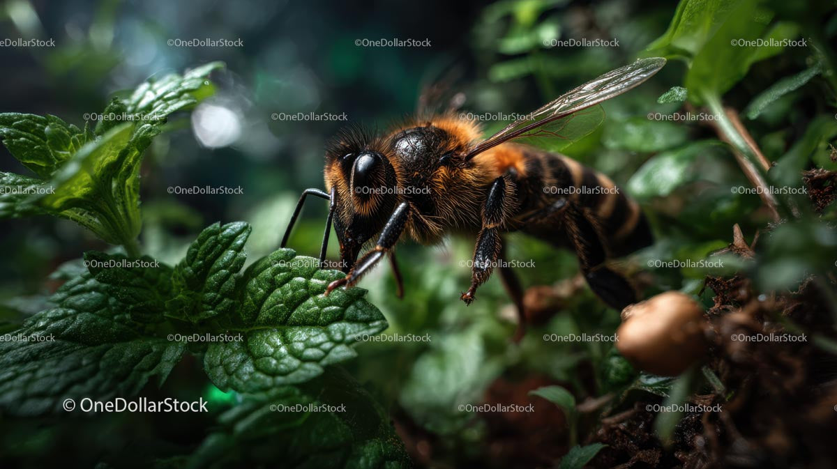 Makrofotografia pszczoły miodnej na bujnej zielonej roślinności