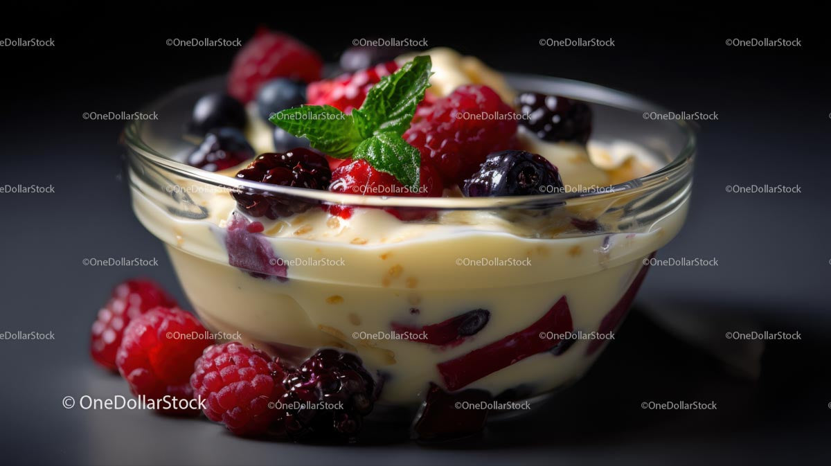 Fresh Berries with Creamy Pudding and Mint