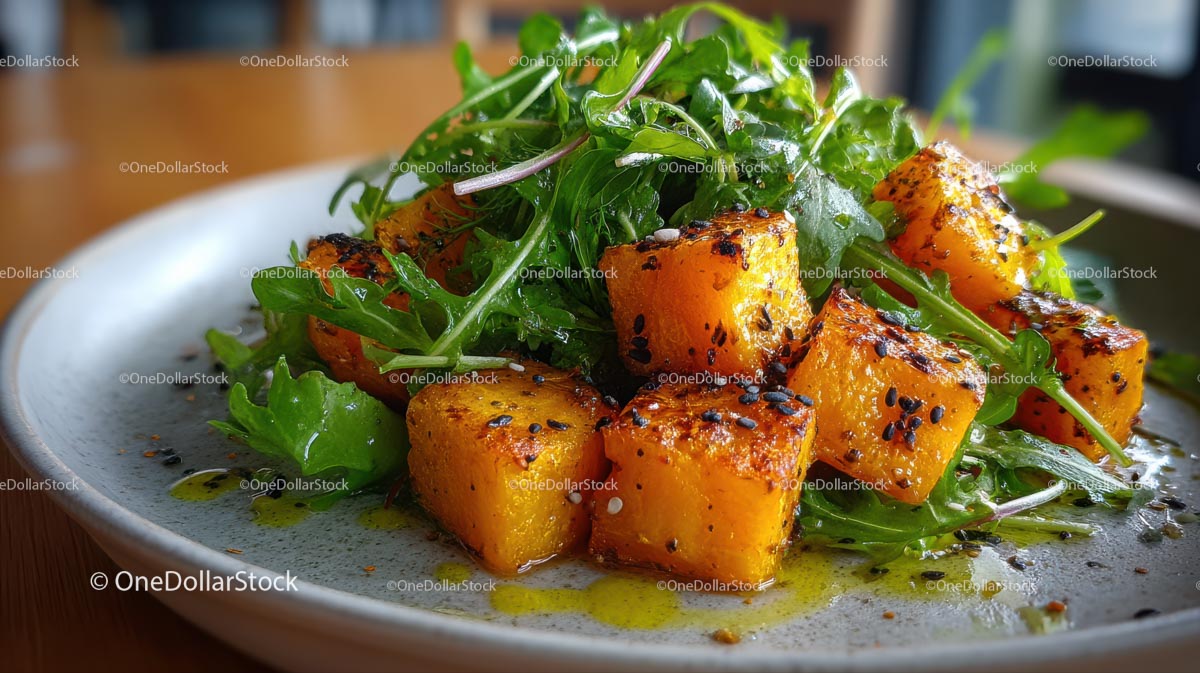Roasted Butternut Squash and Arugula Salad on Rustic Plate