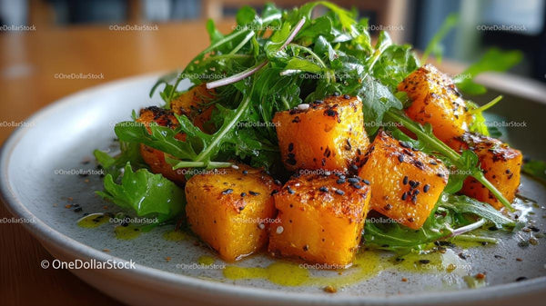 Roasted Butternut Squash and Arugula Salad on Rustic Plate