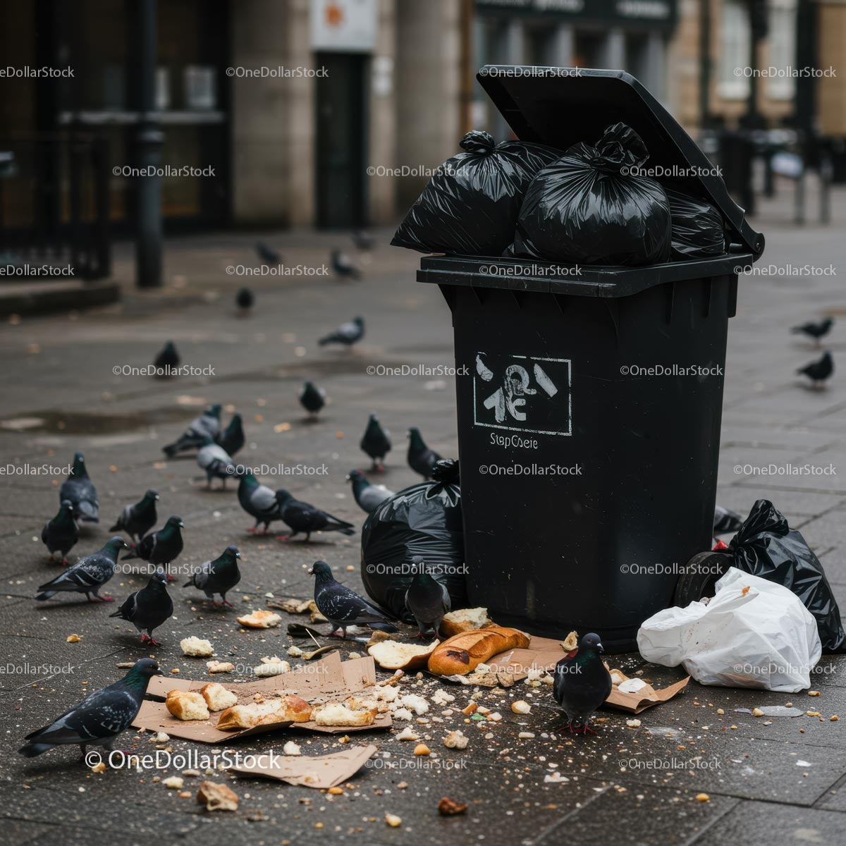 Pigeons Feeding on Discarded Food Near Garbage Bin