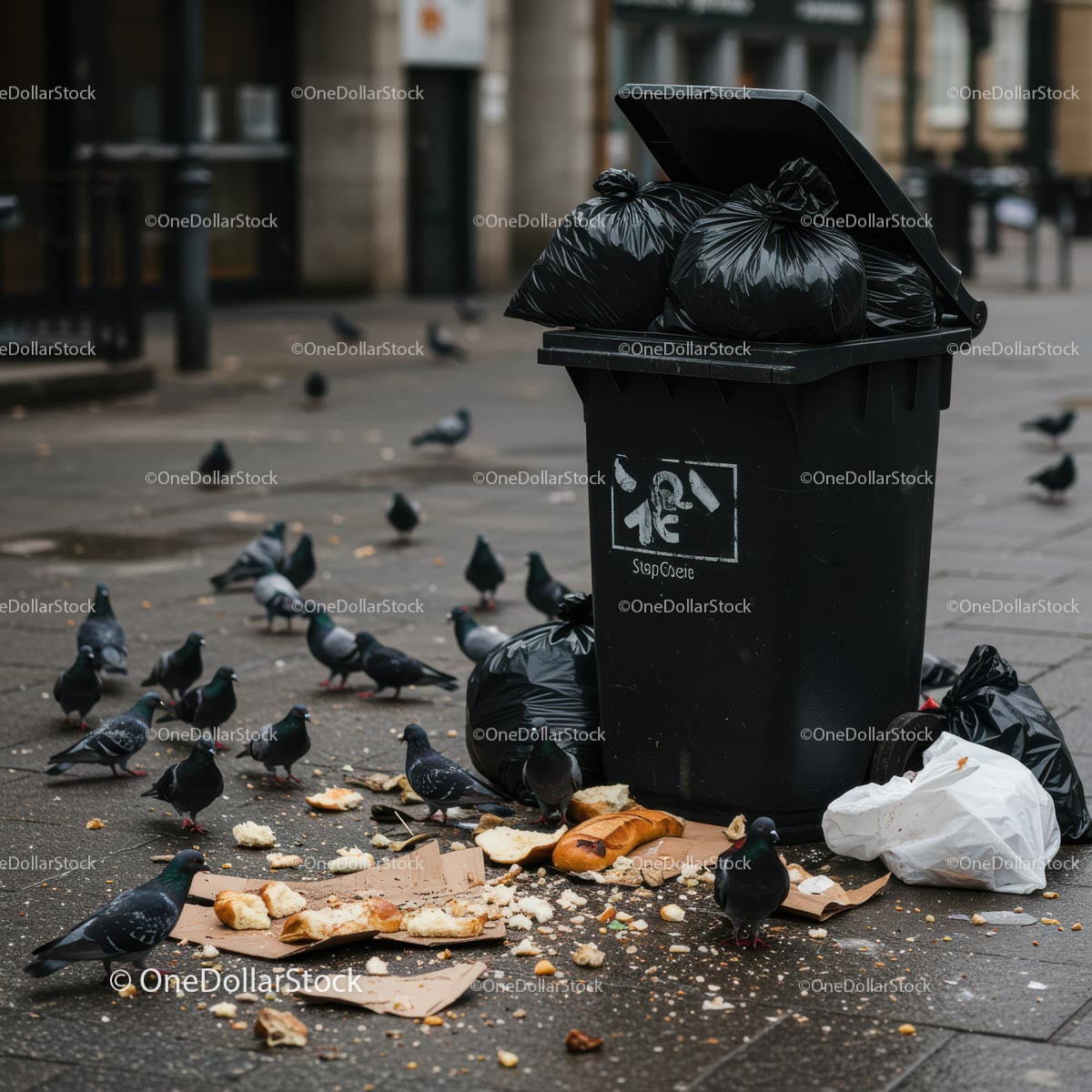 Overflowing Garbage Bin with Pigeons in Urban Street