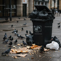 Overflowing Garbage Bin with Pigeons in Urban Street