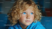 Adorable Young Boy with Curly Blond Hair and Blue Eyes