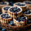 Homemade Blueberry Tarts on Rustic Wooden Board