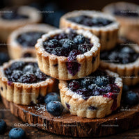 Homemade Blueberry Tarts on Rustic Wooden Board