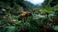 Honey Bee on Green Leaves in Lush Wilderness