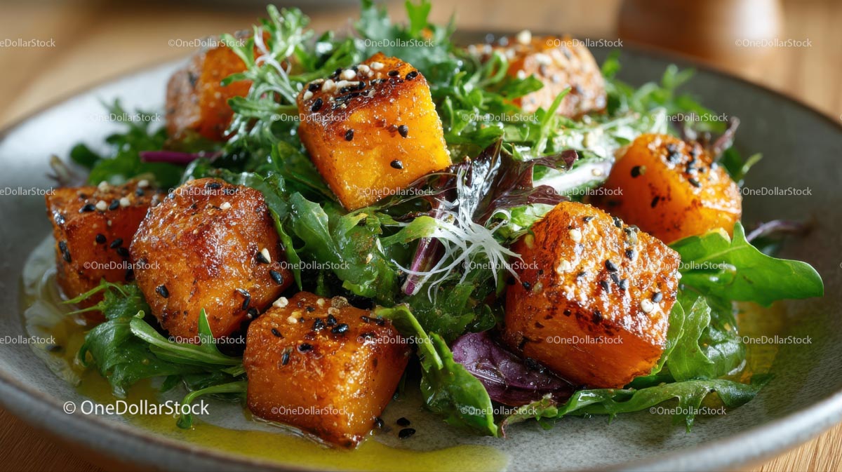 Roasted Squash Salad with Mixed Greens and Sesame