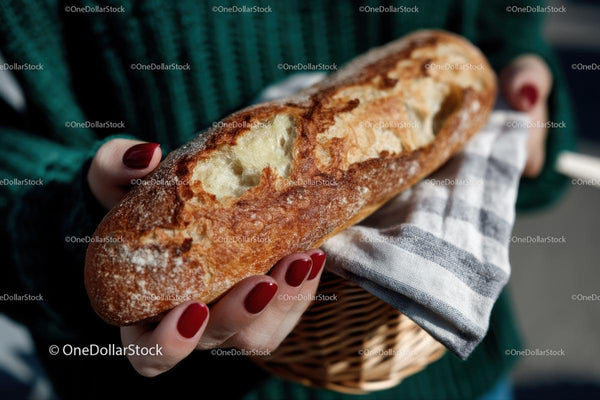 Golden Crust Baguette in Hand with Striped Cloth
