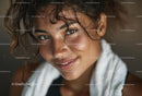 Smiling Woman with Curly Hair and Towel