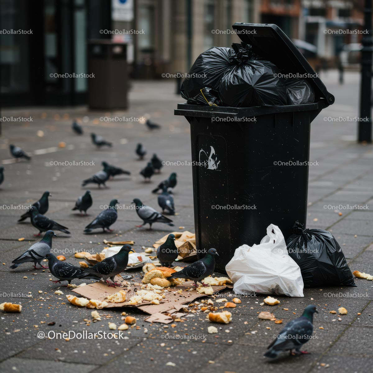Urban Pigeons Feeding Near Overflowing Trash Bin