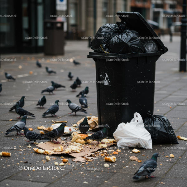Urban Pigeons Feeding Near Overflowing Trash Bin