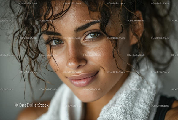 Portrait of Smiling Woman with Towel and Curly Hair