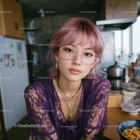 Stylish Woman with Pink Hair in Urban Kitchen