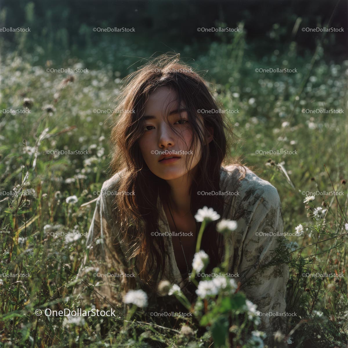 Woman Enjoying a Tranquil Moment in a Meadow