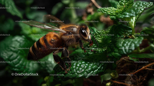 Honeybee on Mint Leaf in Vibrant Garden Close-up