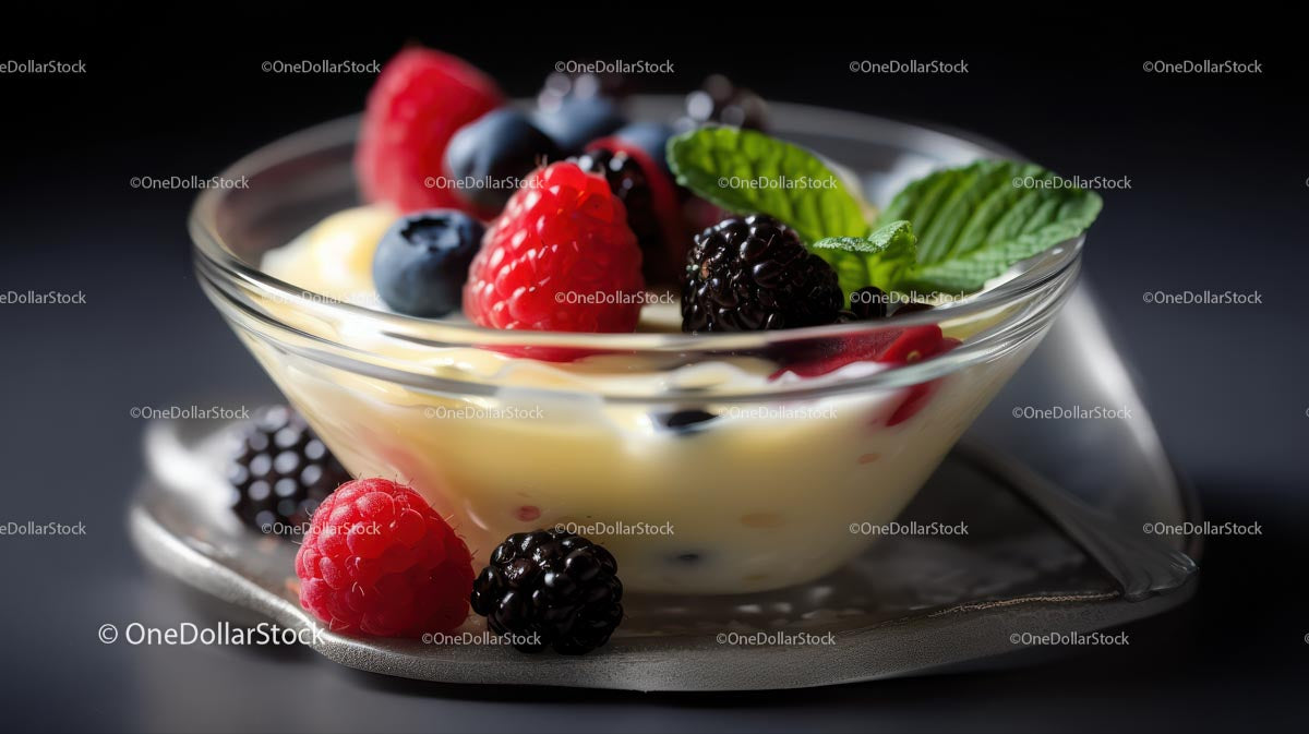 Fresh Berries on Vanilla Pudding with Mint Garnish