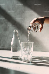 Pouring Water into a Glass with Sunlit Reflections