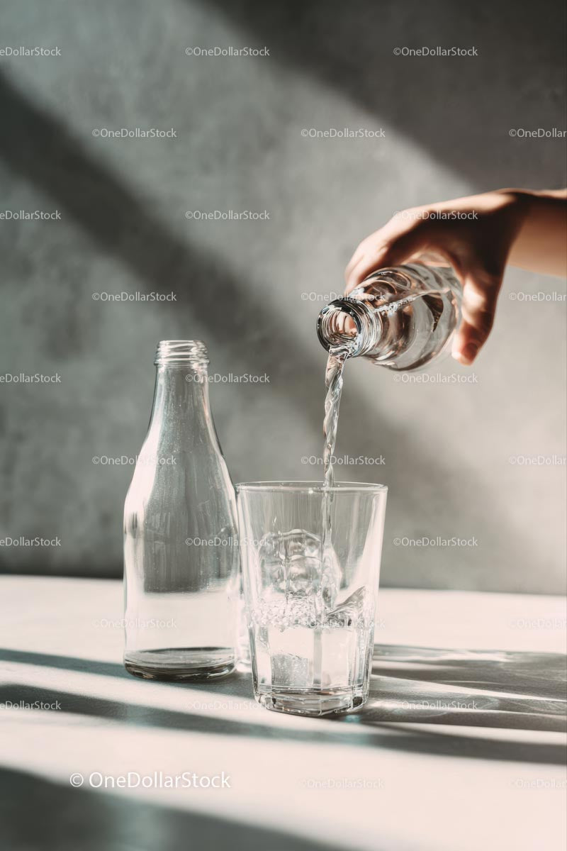 Pouring Water into a Glass with Sunlit Reflections