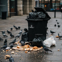 Overflowing Garbage Bin with Pigeons in Urban Street