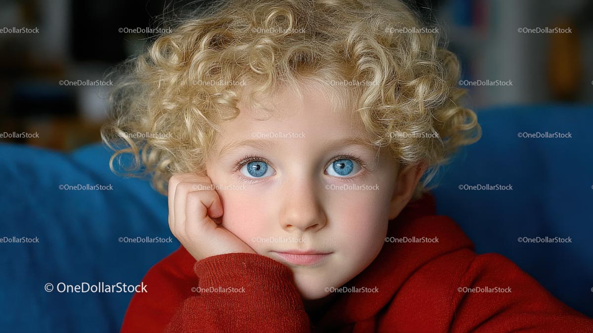 Curly Blonde Child with Blue Eyes in Red Sweater