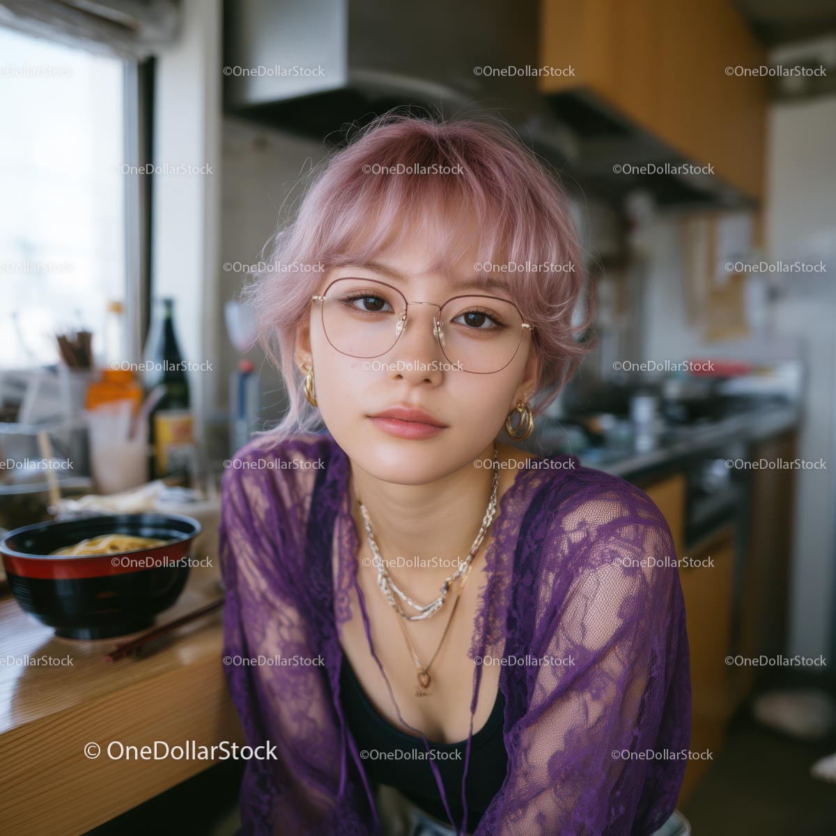 Trendy Young Woman with Purple Hair in Modern Kitchen