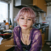 Trendy Young Woman with Purple Hair in Modern Kitchen