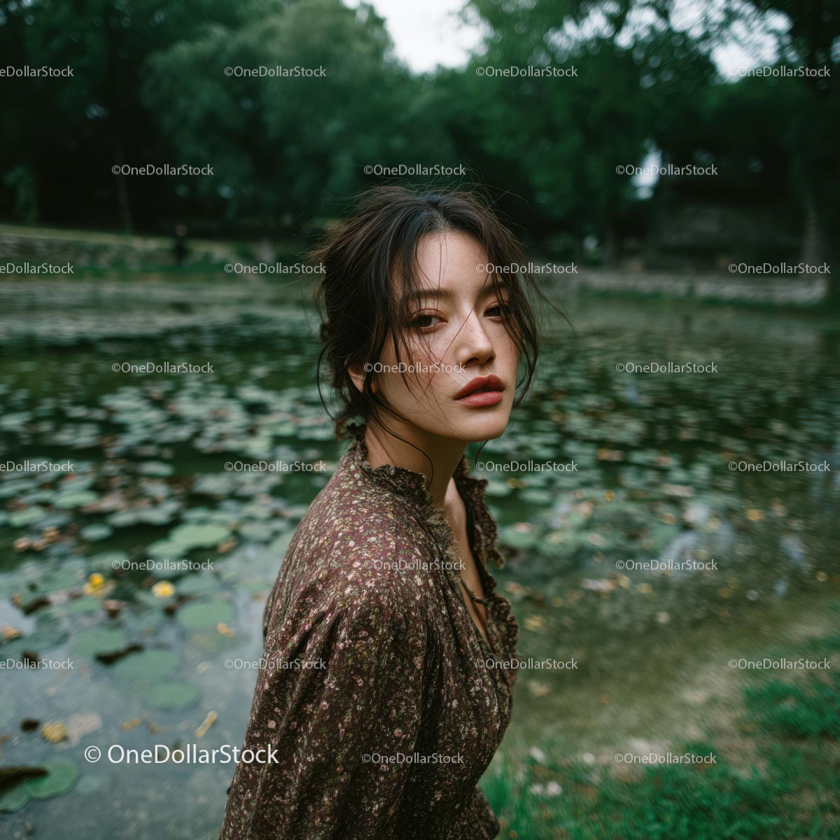 Young Woman in Floral Dress by a Peaceful Pond