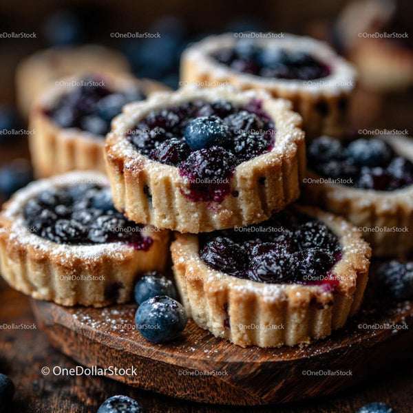 Blueberry Tarts with Powdered Sugar on Rustic Wood