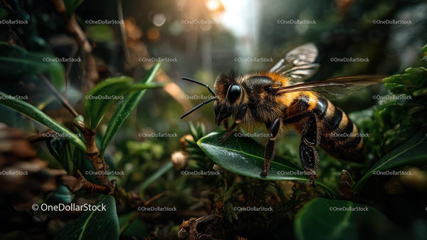 Macro Shot of Honeybee Resting on Leaf in Greenery
