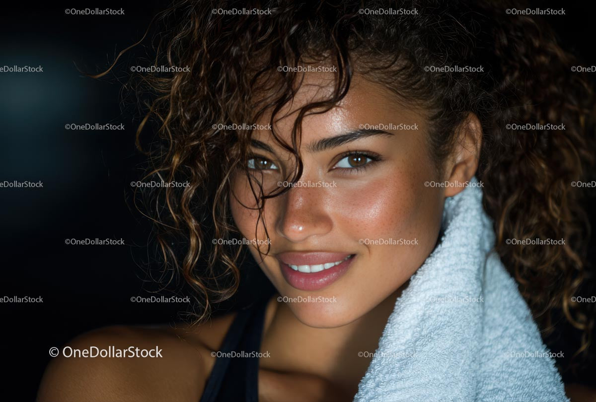 Smiling Woman with Curly Hair and Towel After Workout