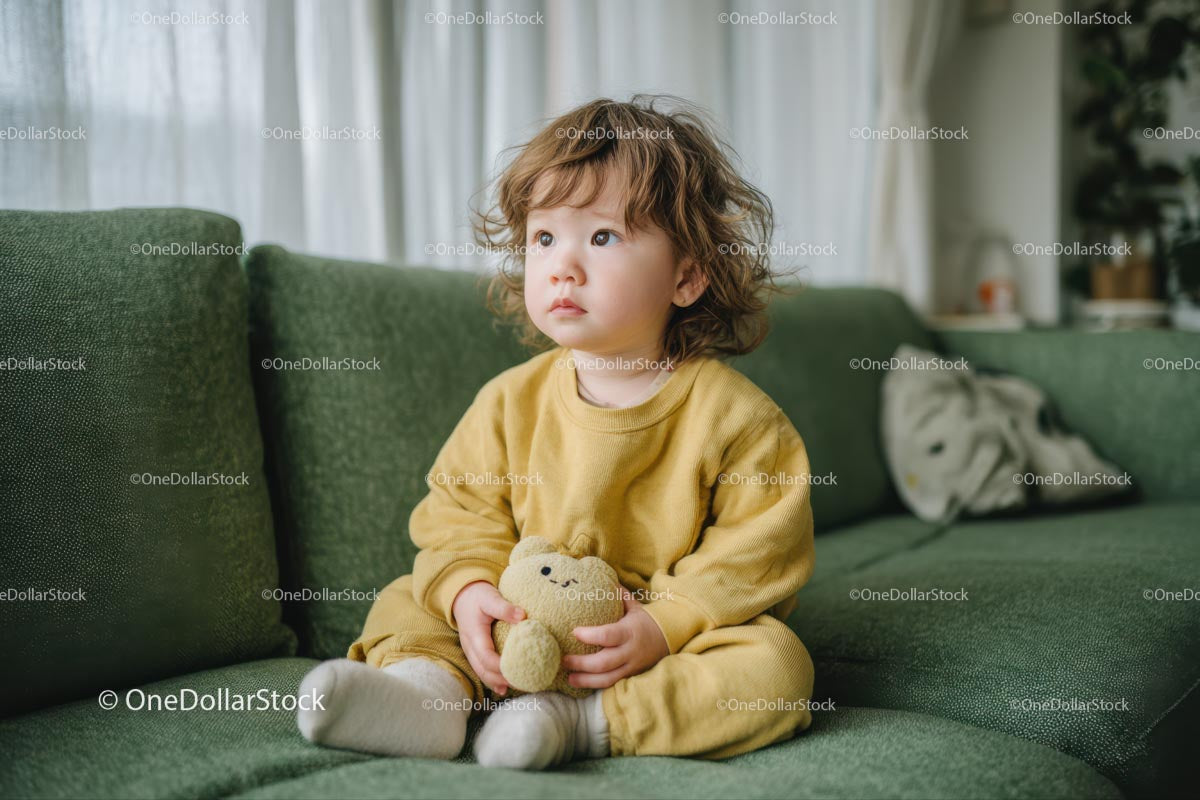Cute Toddler Sitting on Green Sofa with Plush Toy