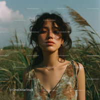 Pensive Woman in Windy Field with Natural Surroundings