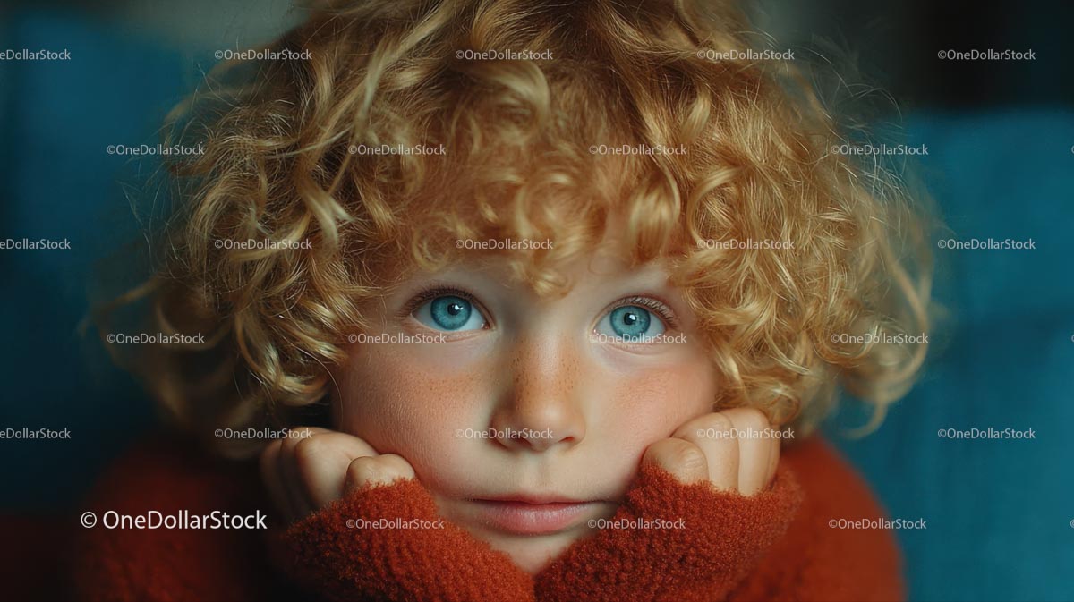 Zamyślone dziecko z kręconymi blond włosami i niebieskimi oczami