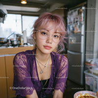 Young Woman with Pastel Hair in Modern Kitchen