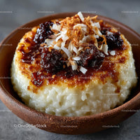 Delicious Rice Pudding with Caramel and Coconut Flakes