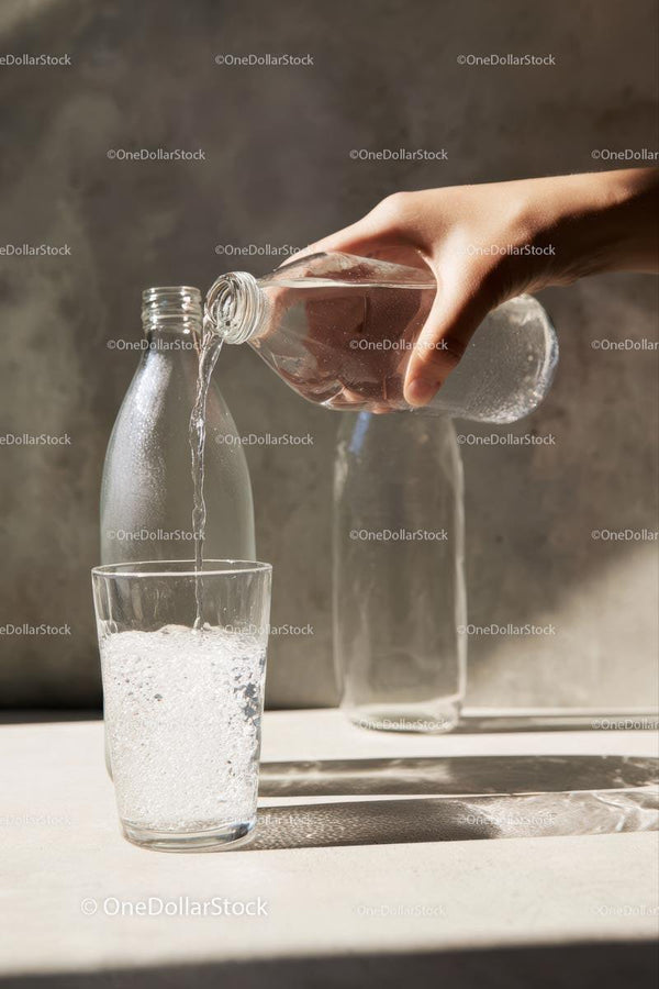 Hand Pouring Sparkling Water into Glass in Sunlit Kitchen