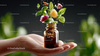 Herbs and Flowers Emerging from Brown Bottle