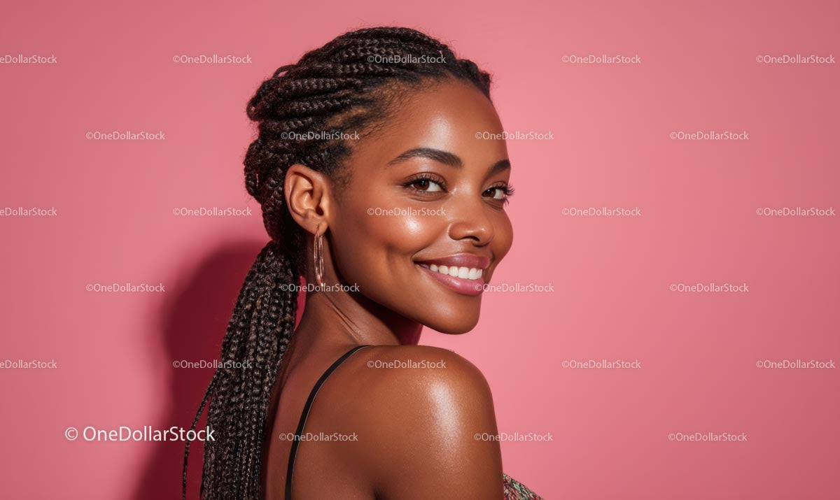 Laughing Woman with French Braids on Pink Background