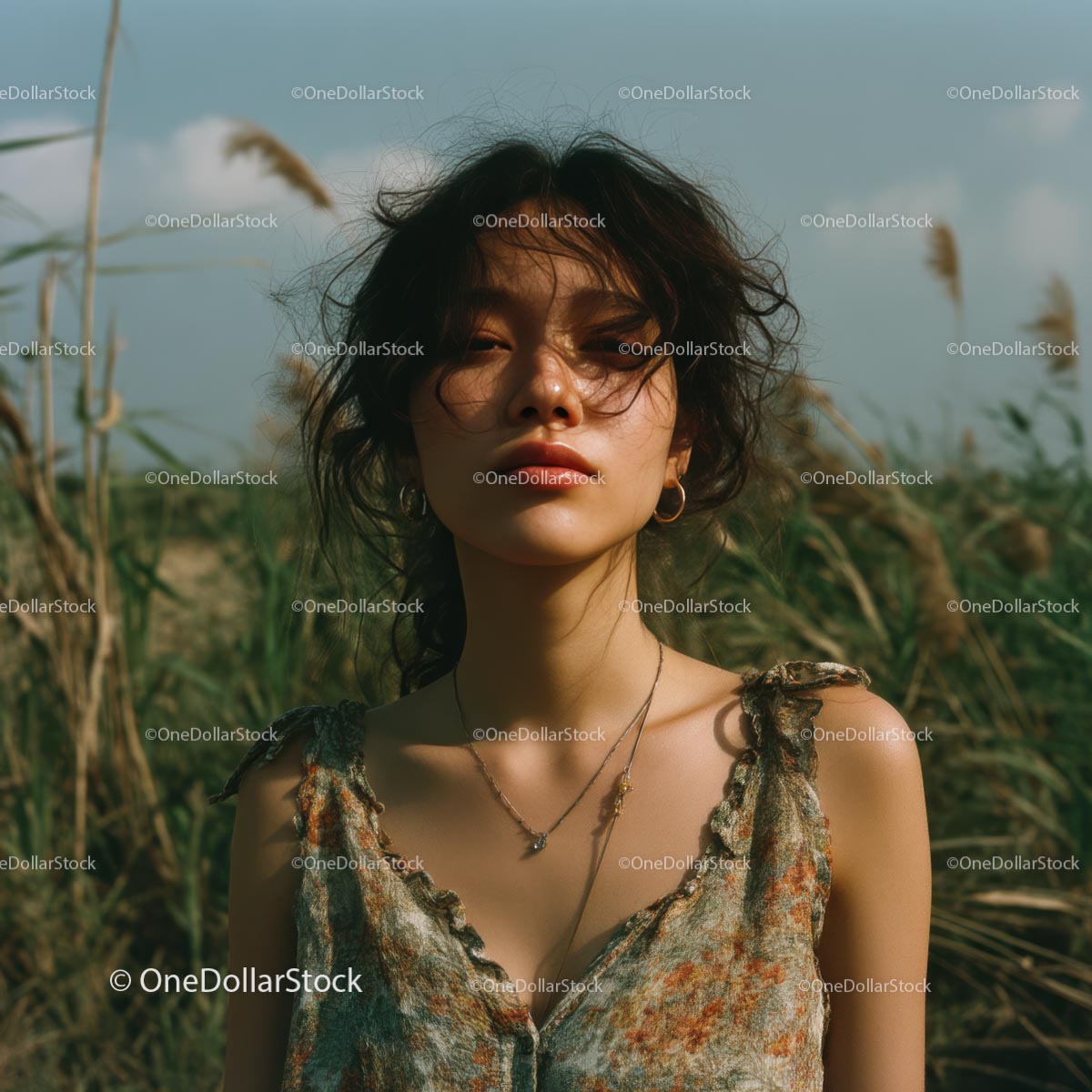 Woman Standing in Tall Grass on Windy Day