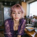 Trendy Woman with Pink Hair and Stylish Glasses at Home