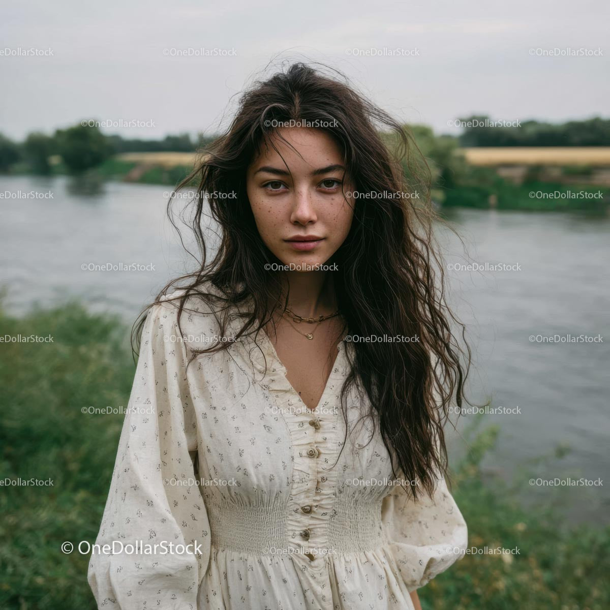 Young Woman in a Light Summer Dress by the Riverside