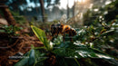Honeybee Perched on Leaf in Sunlit Forest