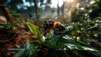 Honeybee Perched on Leaf in Sunlit Forest