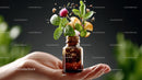 Aromatic Essential Oil Bottle with Fresh Herbs and Citrus