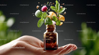 Aromatic Essential Oil Bottle with Fresh Herbs and Citrus