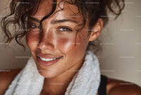 Smiling Woman with Curly Hair and Radiant Skin