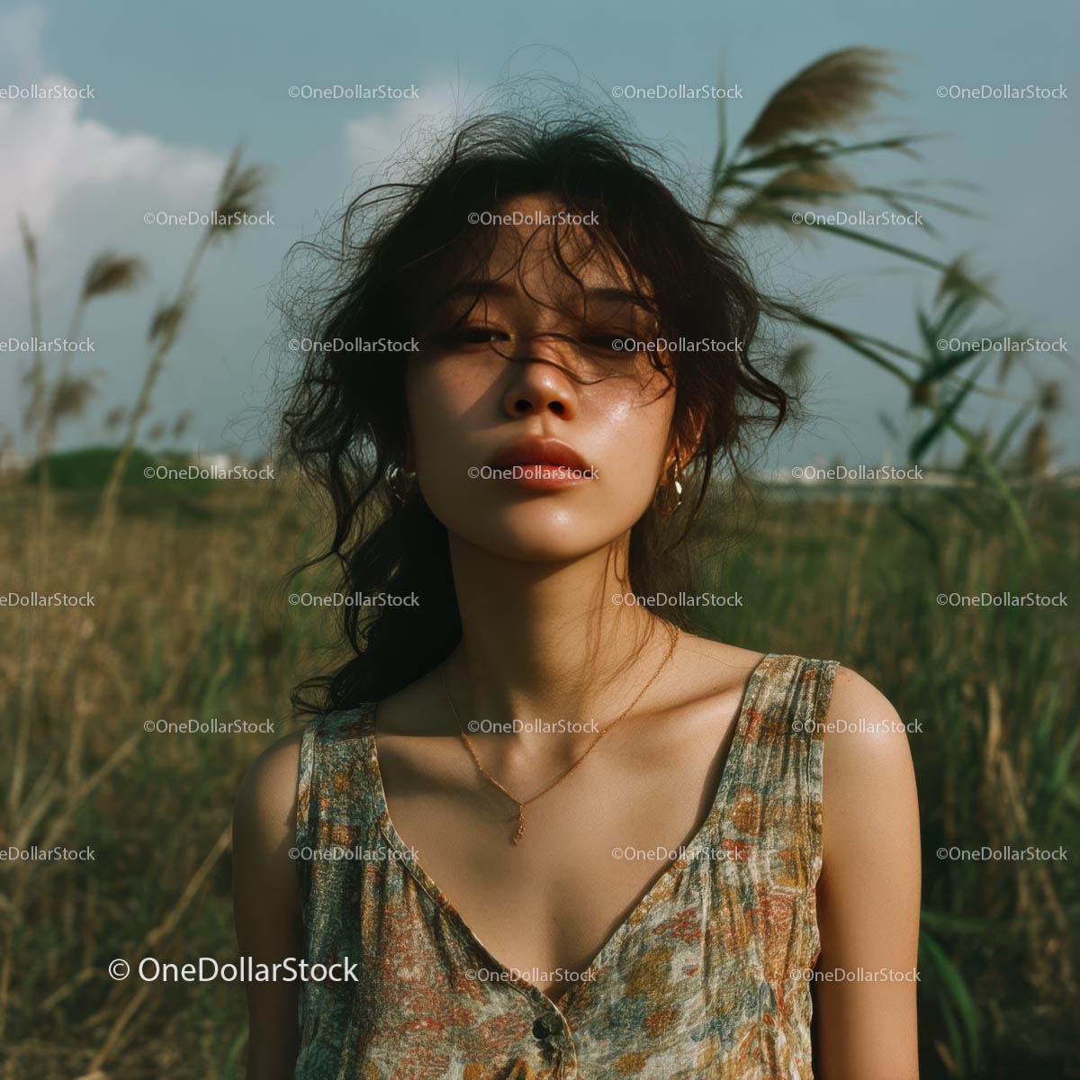 Woman Enjoying a Serene Day in Wild Grasses