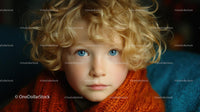 Child with Curly Blonde Hair and Bright Blue Eyes
